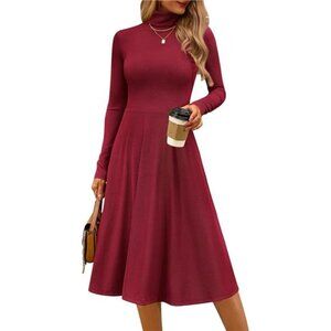 Women's Casual Ribbed Knit High Neck Dress Red